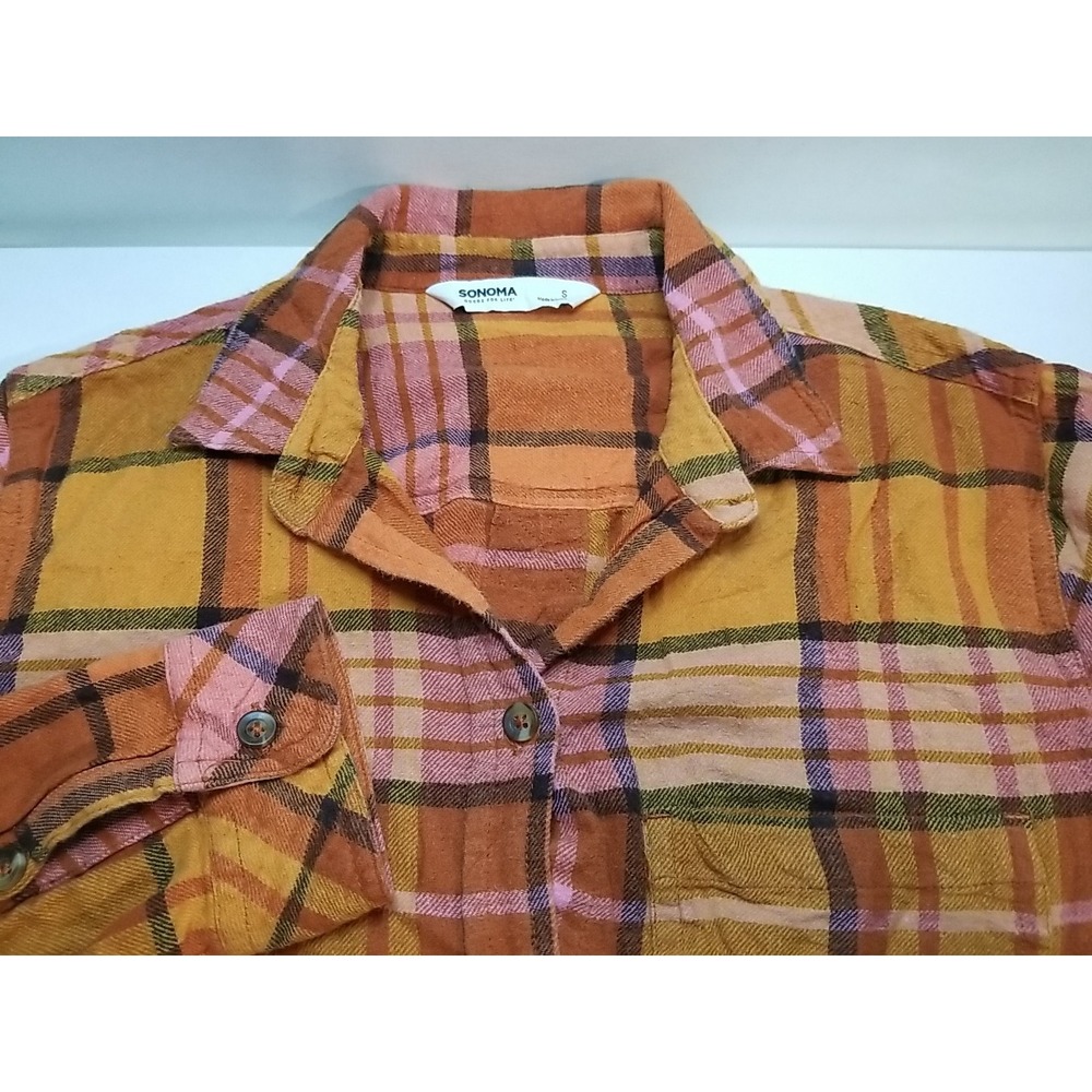 Sonoma‎ Womens Flannel Plaid Shirt Long Sleeve Button Up Top Orange Pink Small